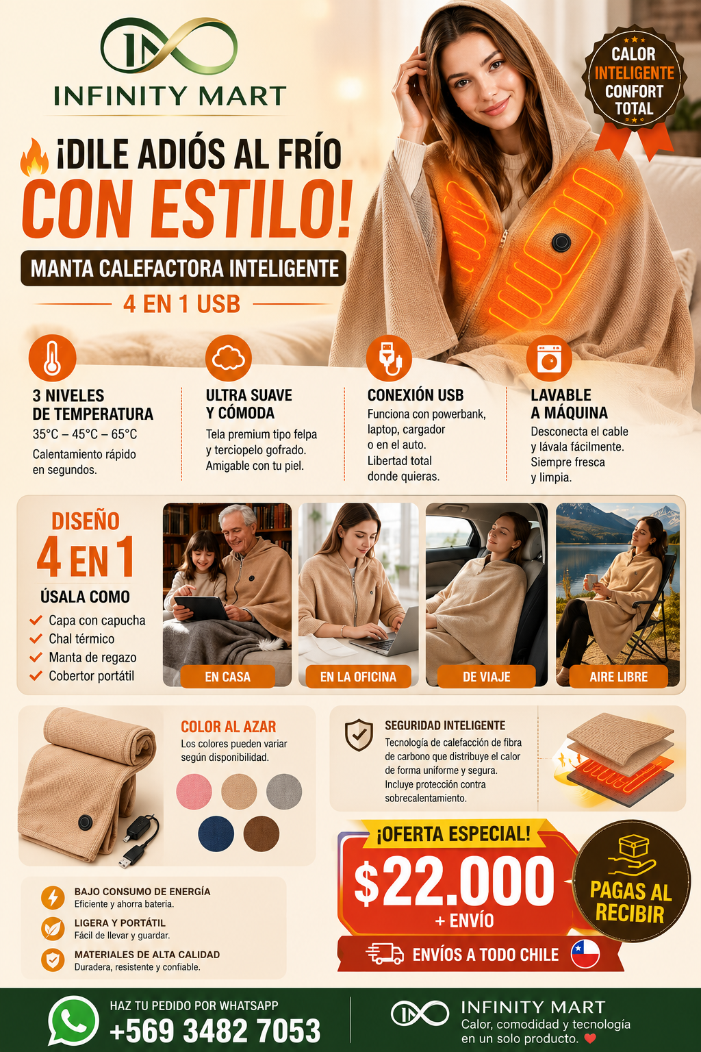 Manta Calefactora Eléctrica Carga USB
